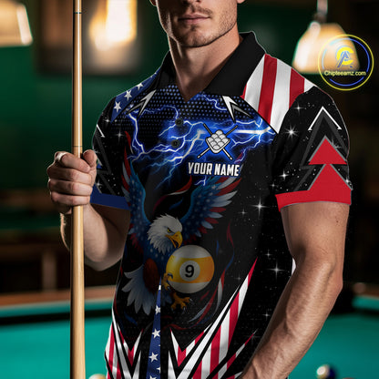 American Flag Eagle 9 Ball Pool Lightning Billiard Shirt For Men Custom Patriotic Billiard Jersey TDM4705