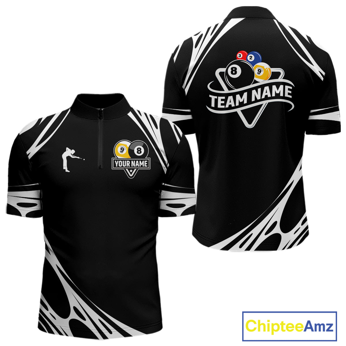 Personalized 8 Ball & 9 Ball Pool Billiard Polo, 1/4 Zip For Men Custom Team Billiard Jersey |White TDM5600