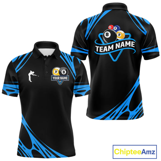 Personalized 8 Ball & 9 Ball Pool Billiard Polo, 1/4 Zip For Men Custom Team Billiard Jersey |Blue TDM5602