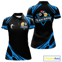 Load image into Gallery viewer, Personalized 8 Ball &amp; 9 Ball Pool Billiard Polo, 1/4 Zip For Women Custom Team Billiard Jersey |Blue TDM5602