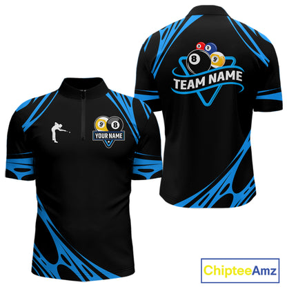 Personalized 8 Ball & 9 Ball Pool Billiard Polo, 1/4 Zip For Men Custom Team Billiard Jersey |Blue TDM5602