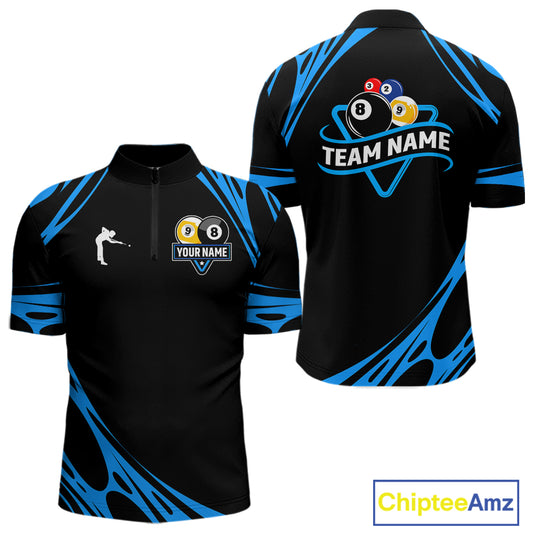 Personalized 8 Ball & 9 Ball Pool Billiard Polo, 1/4 Zip For Men Custom Team Billiard Jersey |Blue TDM5602