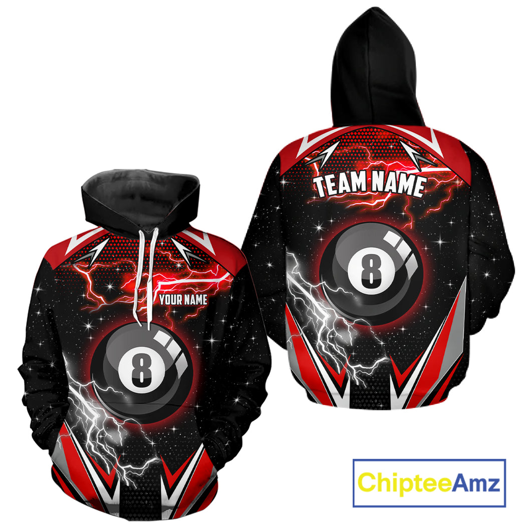 Red 8 Ball Pool Hoodie Custom Name Thunder Lightning Billiard Hoodie Team Jersey For Pool Player TDM0460