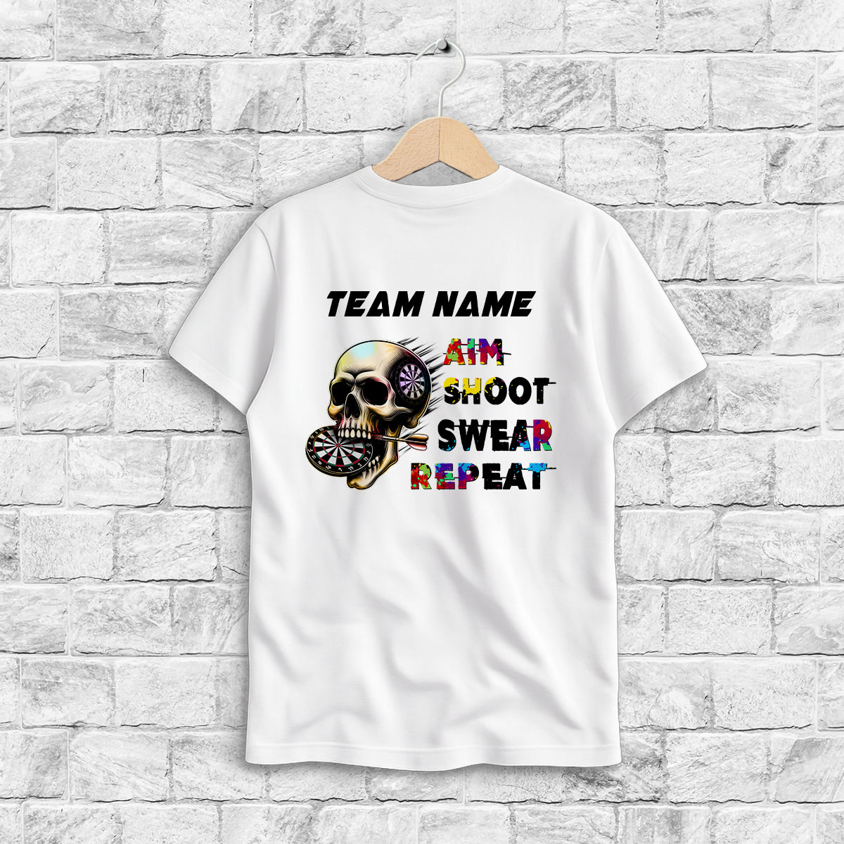 Aim Shoot Swear Repeat Colorful Skull White Dart T-Shirts Custom Funny Dart Shirts For Darts Player TDM3946