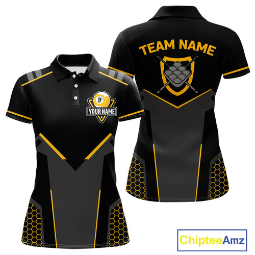 Personalized Yellow Black 9 Ball Billiard Shirt For Women, 9 Ball Pool Team Jersey Polo & 1/4 Zip TDM4476