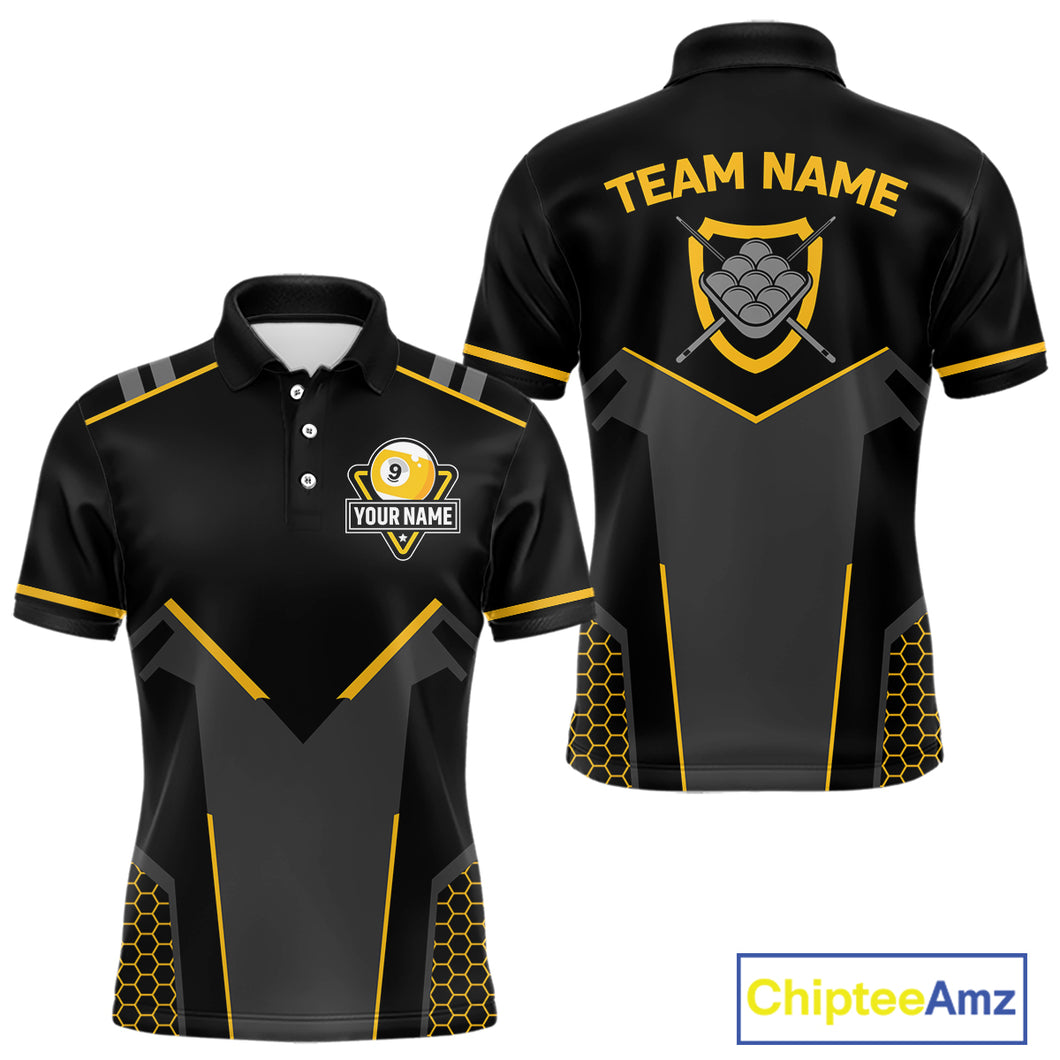 Personalized Yellow Black 9 Ball Billiard Shirt For Men, 9 Ball Pool Team Jersey Polo & 1/4 Zip TDM4476