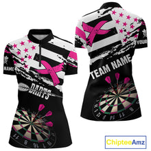 Load image into Gallery viewer, Personalized US Flag Pink Ribbon Darts Shirt For Women Custom Breast Cancer Awareness Darts Jersey TDM4493
