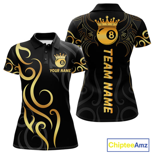 Black And Gold 8 Ball Crown Tribal Billiard Shirt For Women Custom Pool Jersey Billiard Team Shirt TDM4724
