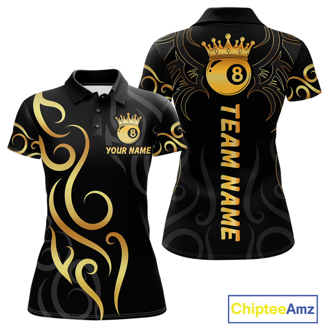 Black And Gold 8 Ball Crown Tribal Billiard Shirt For Women Custom Pool Jersey Billiard Team Shirt TDM4724