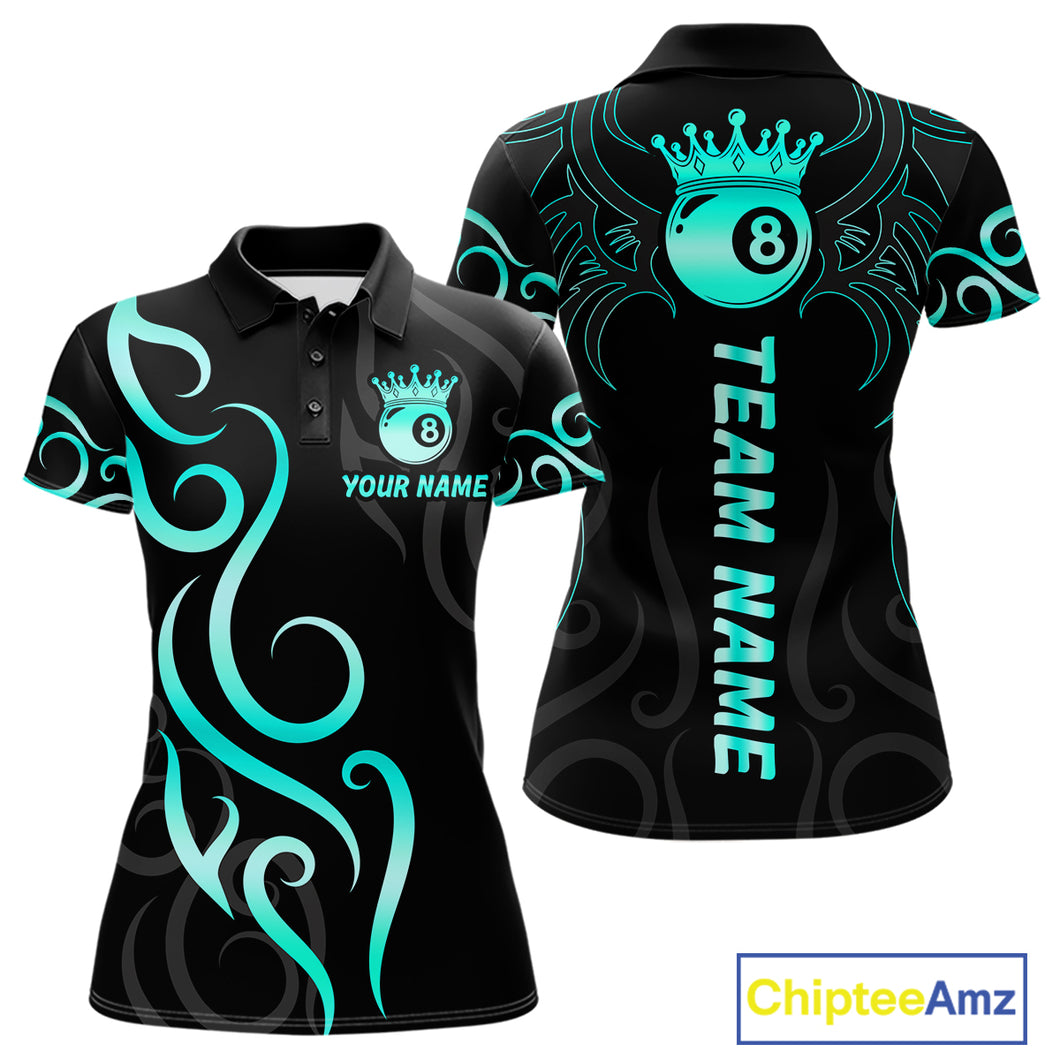 Black And Blue Cyan 8 Ball Crown Billiard Shirt For Women Custom Pool Team Jersey Polo & 1/4 Zip TDM4726