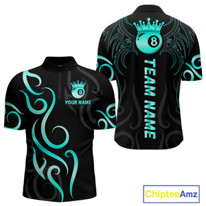 Black And Blue Cyan 8 Ball Crown Billiard Shirt For Men Custom Pool Team Jersey Polo & 1/4 Zip TDM4726