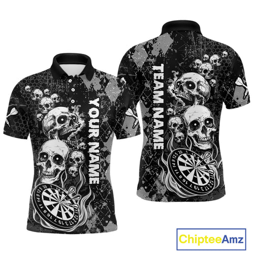 Black Grey Grunge Argyle Skull Dart Shirts Custom Men's Dart Jerseys Team Polo & Quarter Zip TDM3836