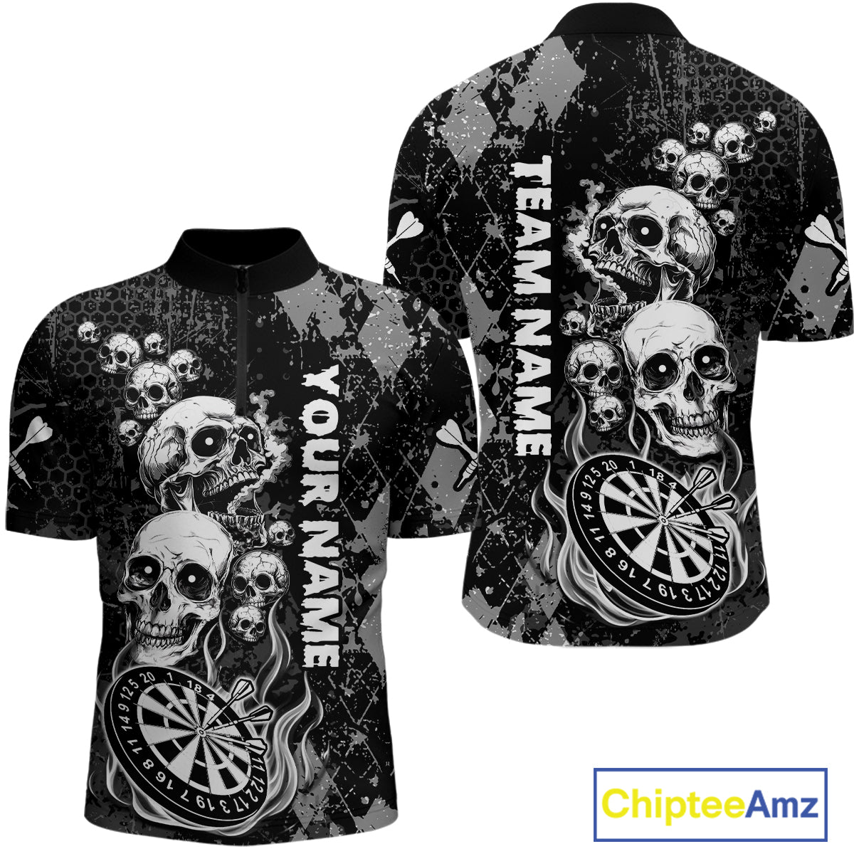 Black Grey Grunge Argyle Skull Dart Shirts Custom Men's Dart Jerseys Team Polo & Quarter Zip TDM3836