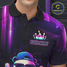 Load image into Gallery viewer, Close-up of a neon panda bowling polo shirt collar, buttons, and colorful panda artwork.