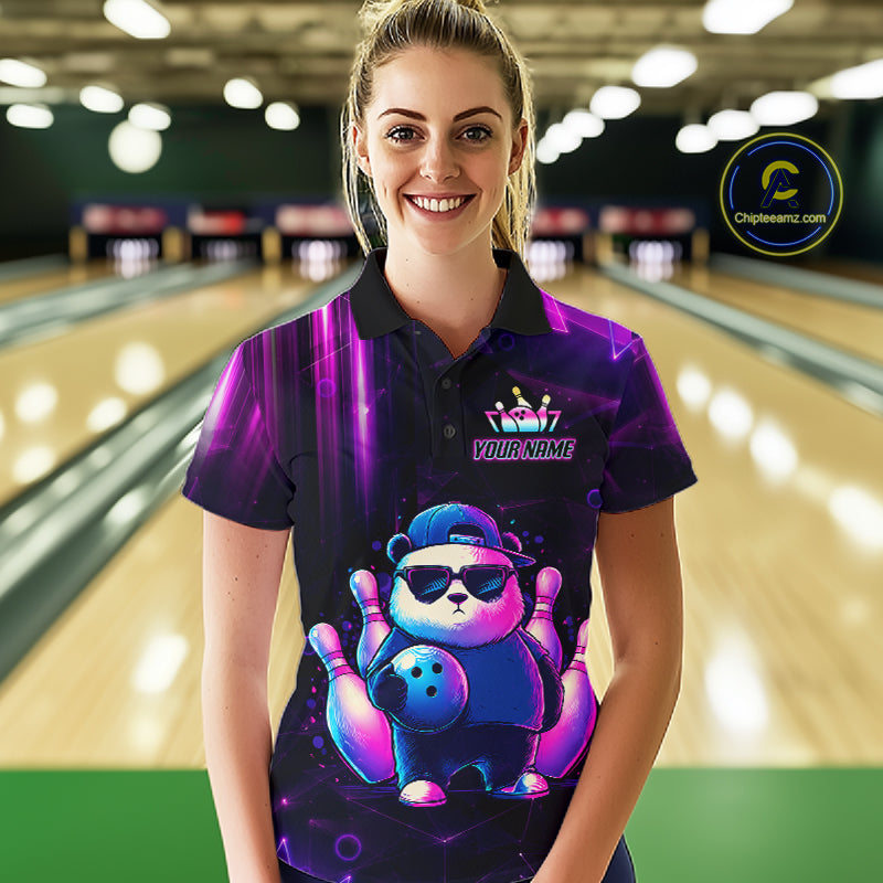Woman wearing a neon panda bowling polo shirt at a bowling alley front view.