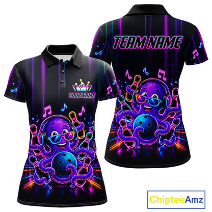 Neon octopus music bowling polo shirt for women with colorful custom bowling team graphics.