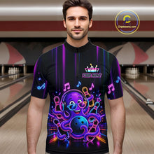 Load image into Gallery viewer, Man wearing a neon octopus music bowling quarter zip jersey during tournament play front view.