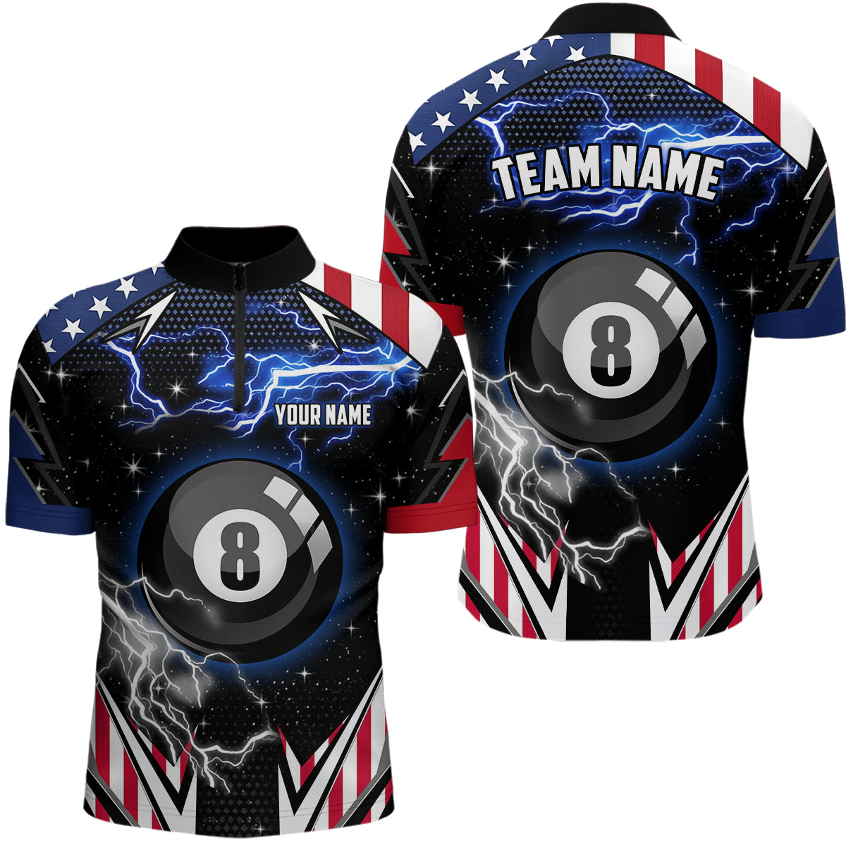 US Flag Lightning 8 Ball Pool Billiard Jerseys For Men Custom Patriotic Team League Billiard Shirts TDM1953