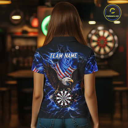 Woman Wearing Blue Thunder Lightning US Flag Eagle Custom Darts Team Jersey Featuring the Complete Rear Graphic Design, Back View
