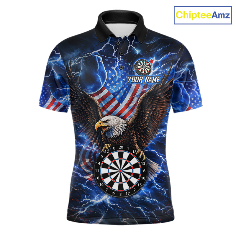Blue Thunder Lightning US Flag Eagle Darts Polo Shirt for Men Featuring Patriotic American Eagle Artwork with Electric Lightning Effects for Dart League Players and Tournament Competition