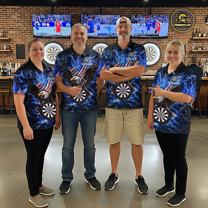 Dart Team Wearing Blue Thunder Lightning US Flag Eagle Darts Jerseys During League Competition and Tournament Matches, Front View