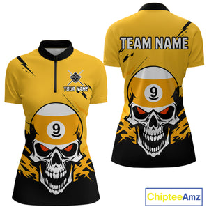 Personalized Yellow Black 9 Ball Skull Billiard Jersey For Women Custom Funny 9 Ball Pool Team Shirt TDM4732