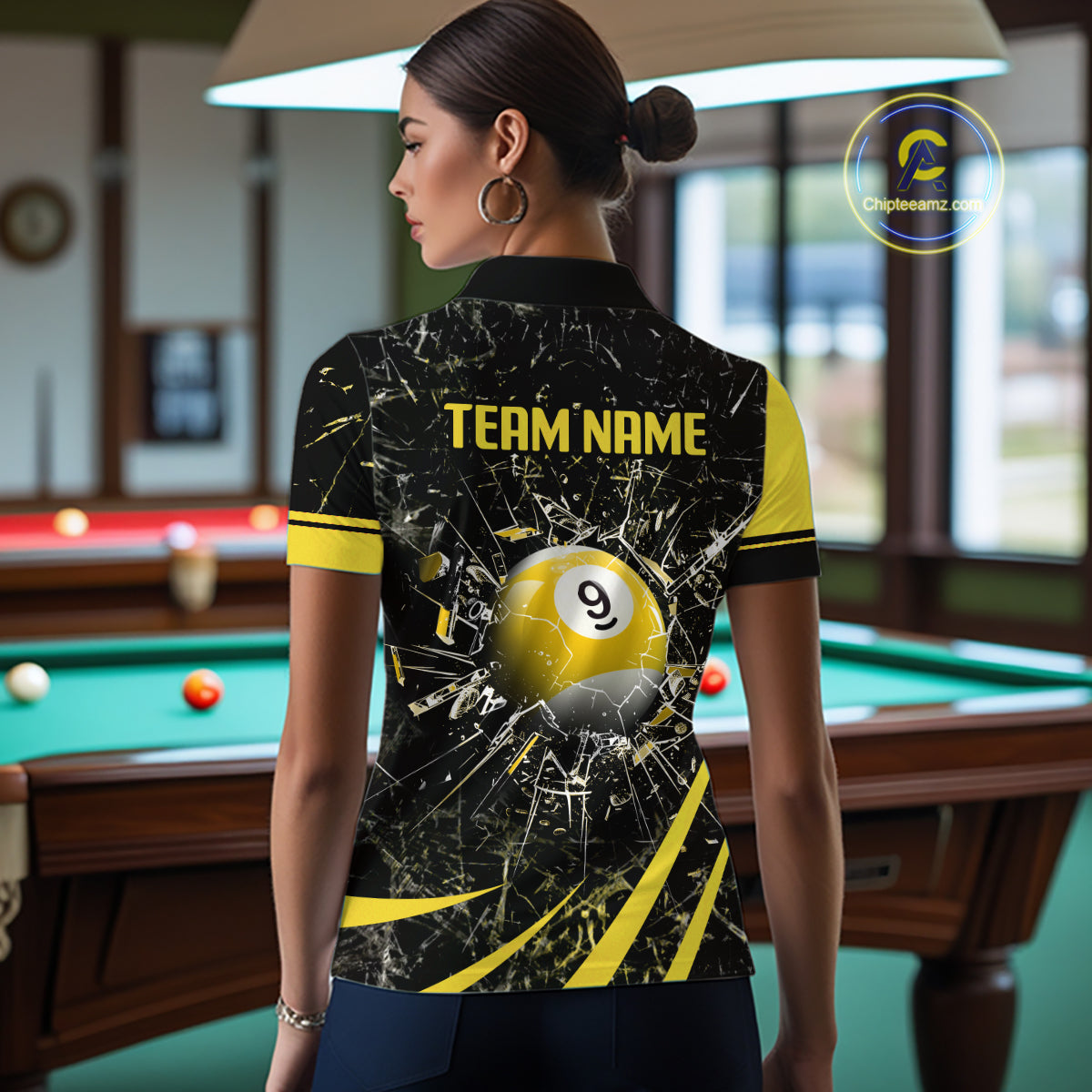 Black And Yellow 8 Ball & 9 Ball Glass Break Billiard Shirt For Women Custom Pool Team Jersey TDM5643