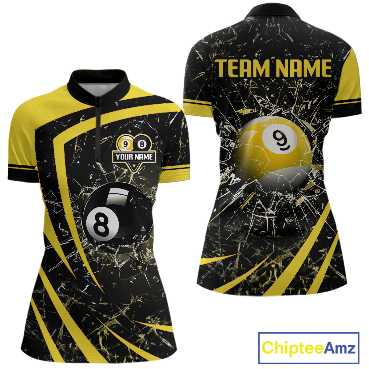 Black And Yellow 8 Ball & 9 Ball Glass Break Billiard Shirt For Women Custom Pool Team Jersey TDM5643