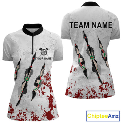 Custom White Red Grunge Dart Shirt With Pocket Option For Women, Darts Jersey TDM4529