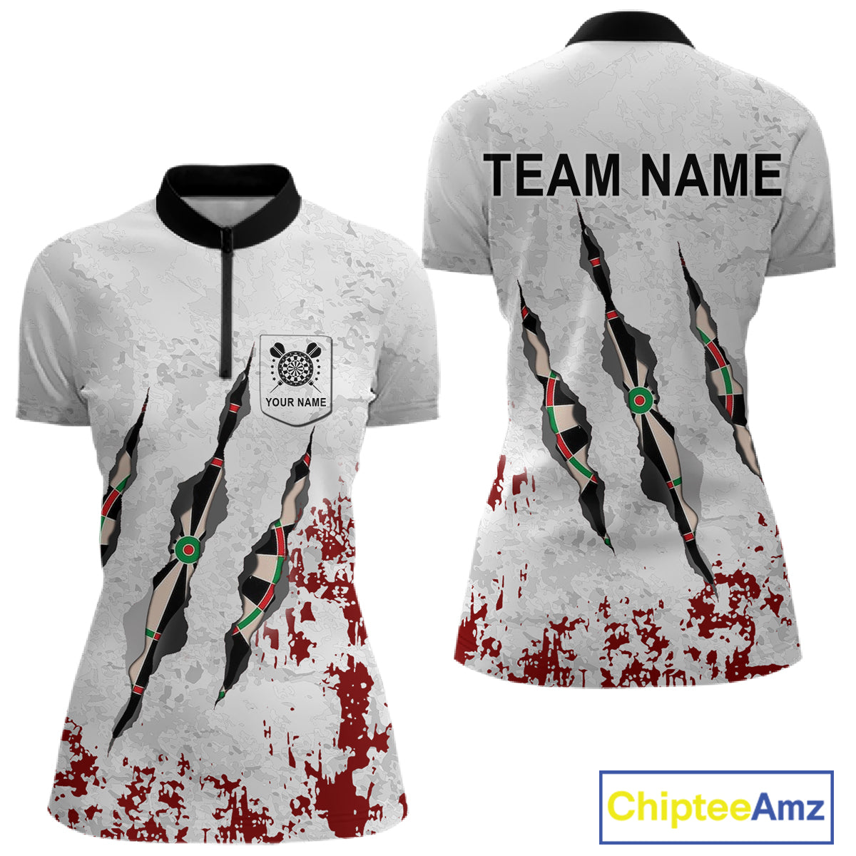 Custom White Red Grunge Dart Shirt With Pocket Option For Women, Darts Jersey TDM4529