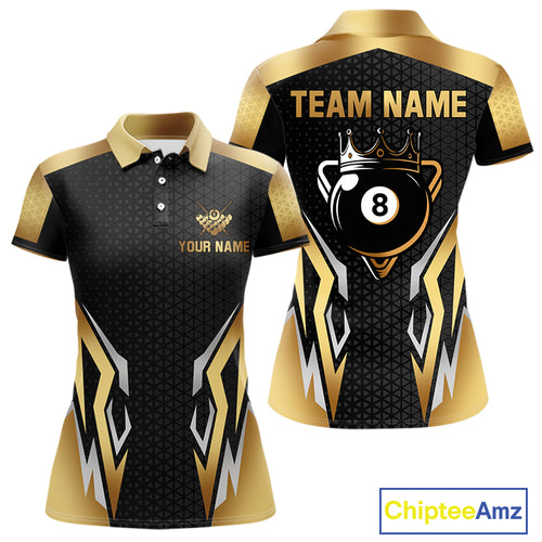 Black And Golden 8 Ball Pool Crown Billiard Shirt For Women Custom Billiard Jersey Polo & 1/4 Zip TDM4321