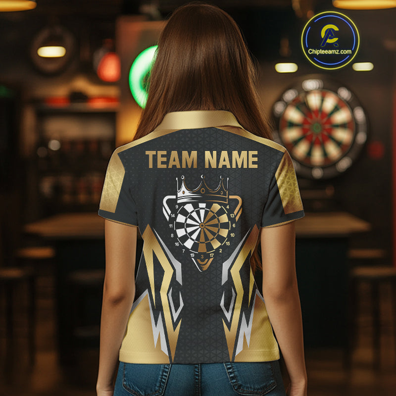 Black And Golden Funny Crown Darts Shirt For Women Custom Darts Jerseys Team Polo & Quarter Zip TDM4324