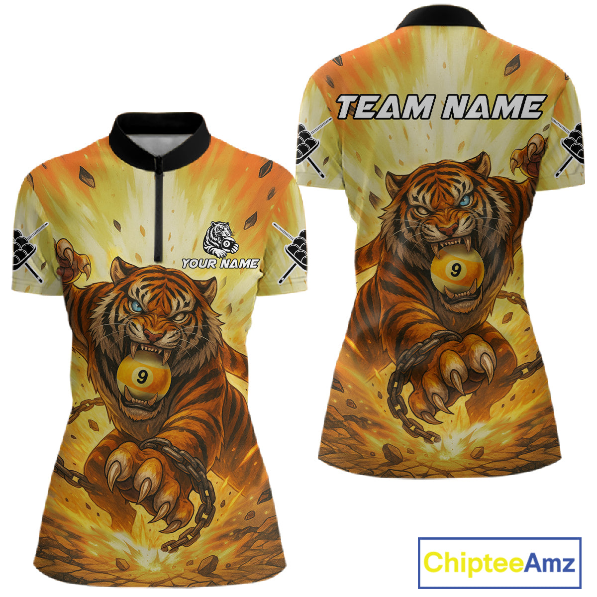 Personalized Yellow 9 Ball Pool Tiger Billiard Shirt For Women Custom Billiard Team Jersey Outfit TDM4541