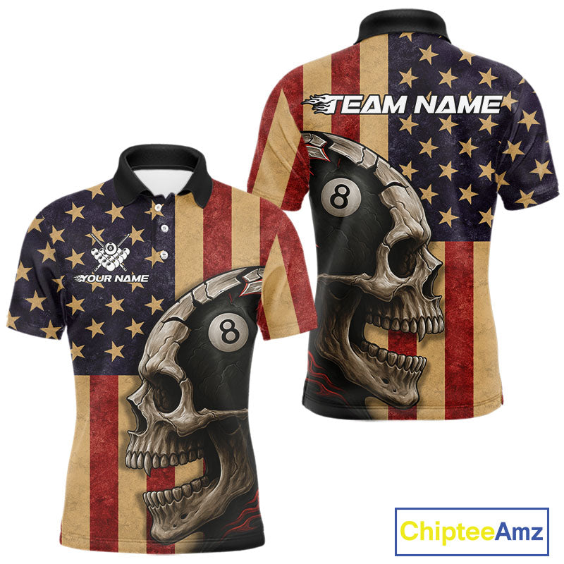Vintage American Flag Skull Billiard Shirt For Men Custom 8 Ball Patriotic Pool Team Jerseys TDM4156