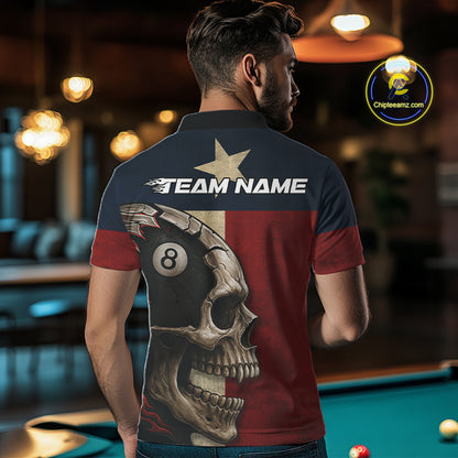 Personalized Grunge Texas Flag Skull Billiard Shirt For Men, 8 Ball Patriotic Pool Team Jerseys TDM4158
