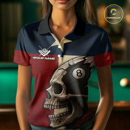Personalized Grunge Texas Flag Skull Billiard Shirt For Women, 8 Ball Patriotic Pool Team Jerseys TDM4158
