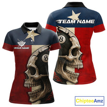 Load image into Gallery viewer, Personalized Grunge Texas Flag Skull Billiard Shirt For Women, 8 Ball Patriotic Pool Team Jerseys TDM4158
