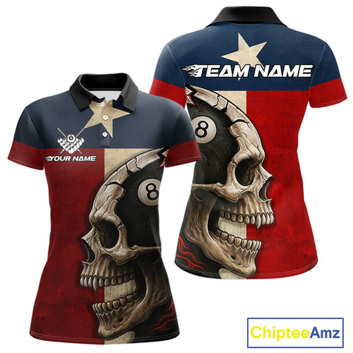 Personalized Grunge Texas Flag Skull Billiard Shirt For Women, 8 Ball Patriotic Pool Team Jerseys TDM4158
