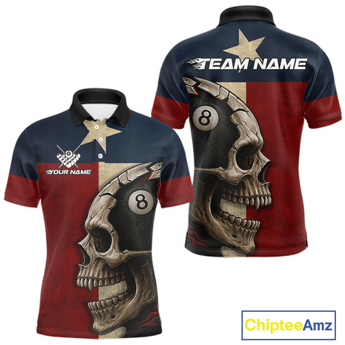 Personalized Grunge Texas Flag Skull Billiard Shirt For Men, 8 Ball Patriotic Pool Team Jerseys TDM4158