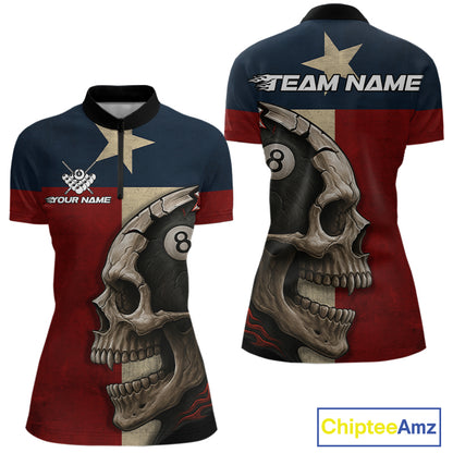 Personalized Grunge Texas Flag Skull Billiard Shirt For Women, 8 Ball Patriotic Pool Team Jerseys TDM4158