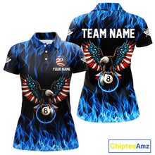 Load image into Gallery viewer, Blue Flaming American Flag Eagle 8 Ball Billiard Shirt For Women Custom Patriotic Pool Team Jersey TDM4328