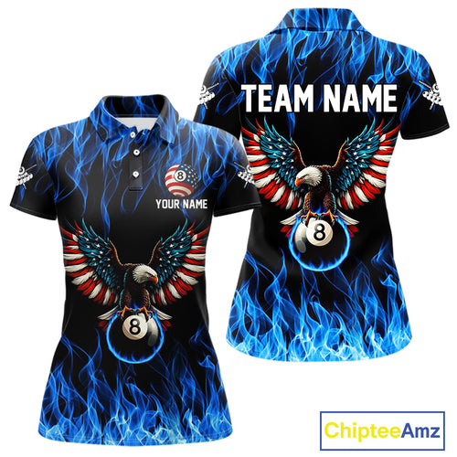 Blue Flaming American Flag Eagle 8 Ball Billiard Shirt For Women Custom Patriotic Pool Team Jersey TDM4328