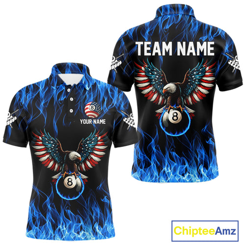 Blue Flaming American Flag Eagle 8 Ball Billiard Shirt For Men Custom Patriotic Pool Team Jersey TDM4328