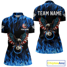 Load image into Gallery viewer, Blue Flaming American Flag Eagle 8 Ball Billiard Shirt For Women Custom Patriotic Pool Team Jersey TDM4328