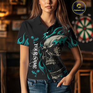 Personalized Turquoise Flaming Skull Darts Shirt For Women Custom Darts Jersey Team Polo & 1/4 Zip TDM4763