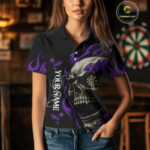 Personalized Purple Flaming Skull Darts Shirt For Women Custom Darts Jersey Team Polo & 1/4 Zip TDM4764