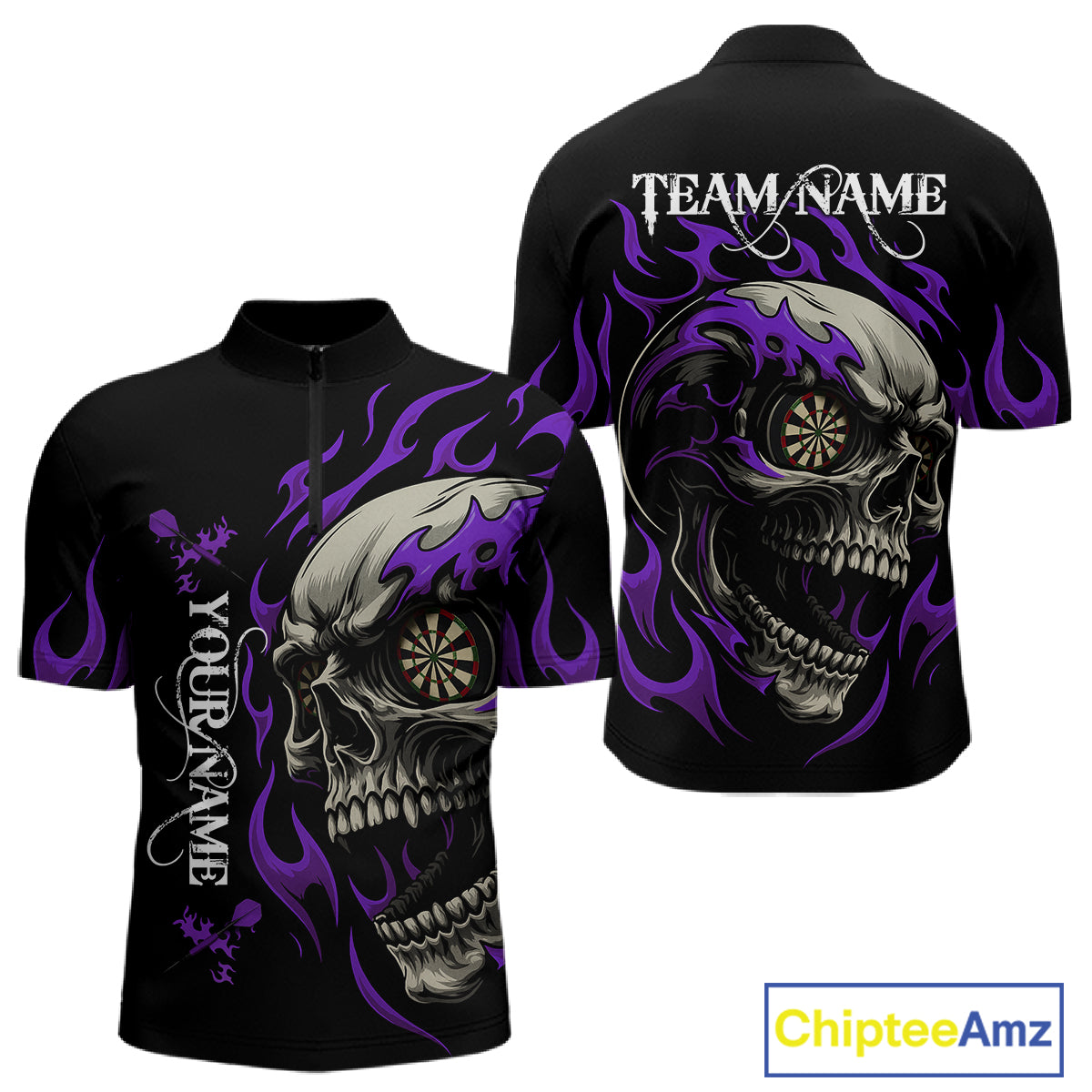 Personalized Purple Flaming Skull Darts Shirt For Men Custom Darts Jersey Team Polo & 1/4 Zip TDM4764