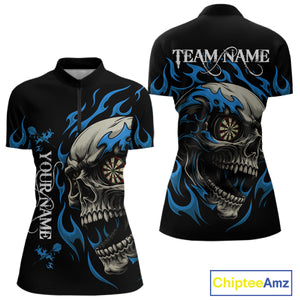 Personalized Blue Flaming Skull Darts Shirt For Women Custom Darts Jersey Team Polo & 1/4 Zip TDM4765