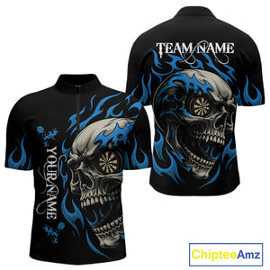 Personalized Blue Flaming Skull Darts Shirt For Men Custom Darts Jersey Team Polo & 1/4 Zip TDM4765
