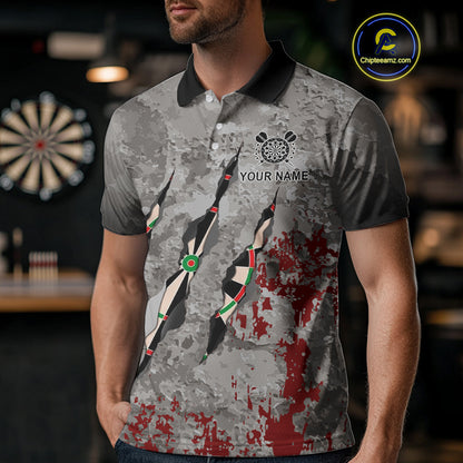 Custom Red Grey Grunge Dart Shirts With Pocket Option For Men, Darts Jersey TDM4179